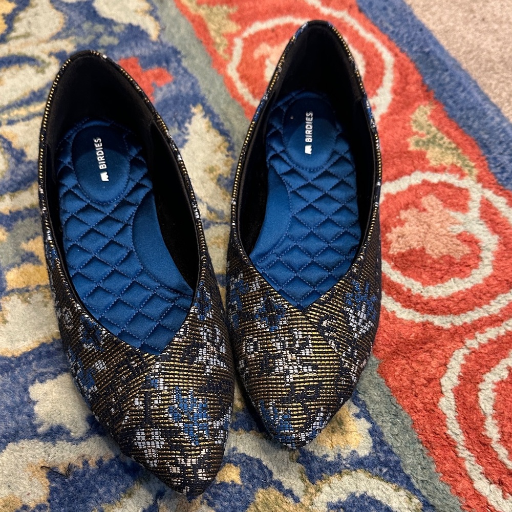 Birdies Blue and Gold Woven Pointed Flats